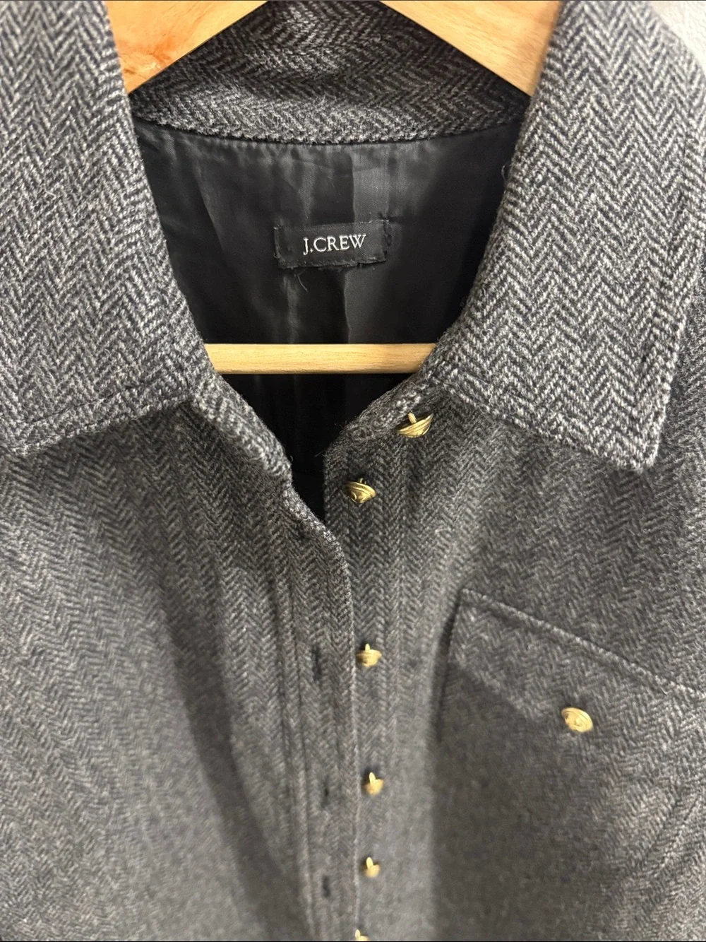 J. Crew Gray Herringbone Button-Front Wool Shirt Dress